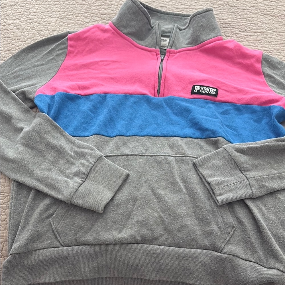 PINK - Pink and Blue Colorblock Quarter-Zip Gray Sweatshirt - Size M